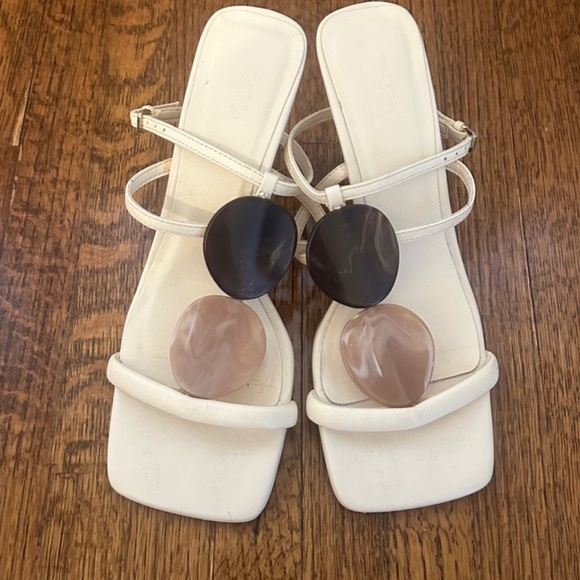 Zara ivory off white ecru brown stone detail strappy open toe heel sandals - Picture 9 of 10